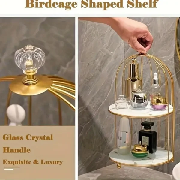 Elegant 2-Tier Vintage Birdcage Metal Display Stand with Marble Detailing - Image 2