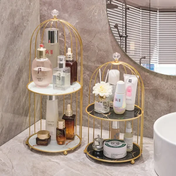 Elegant 2-Tier Vintage Birdcage Metal Display Stand with Marble Detailing - Image 5