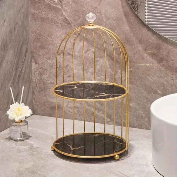 Elegant 2-Tier Vintage Birdcage Metal Display Stand with Marble Detailing - Image 4