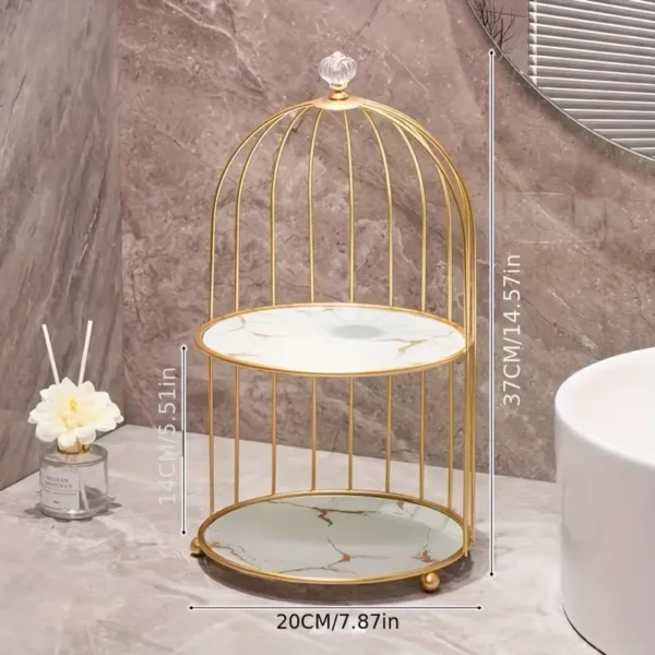 Elegant 2-Tier Vintage Birdcage Metal Display Stand with Marble Detailing - Image 3